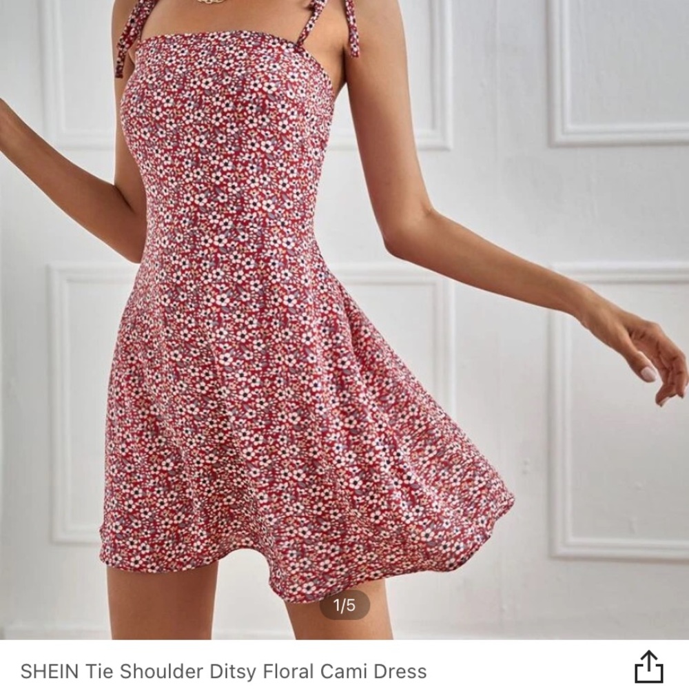 Shein tie shoulder ditsy floral dress